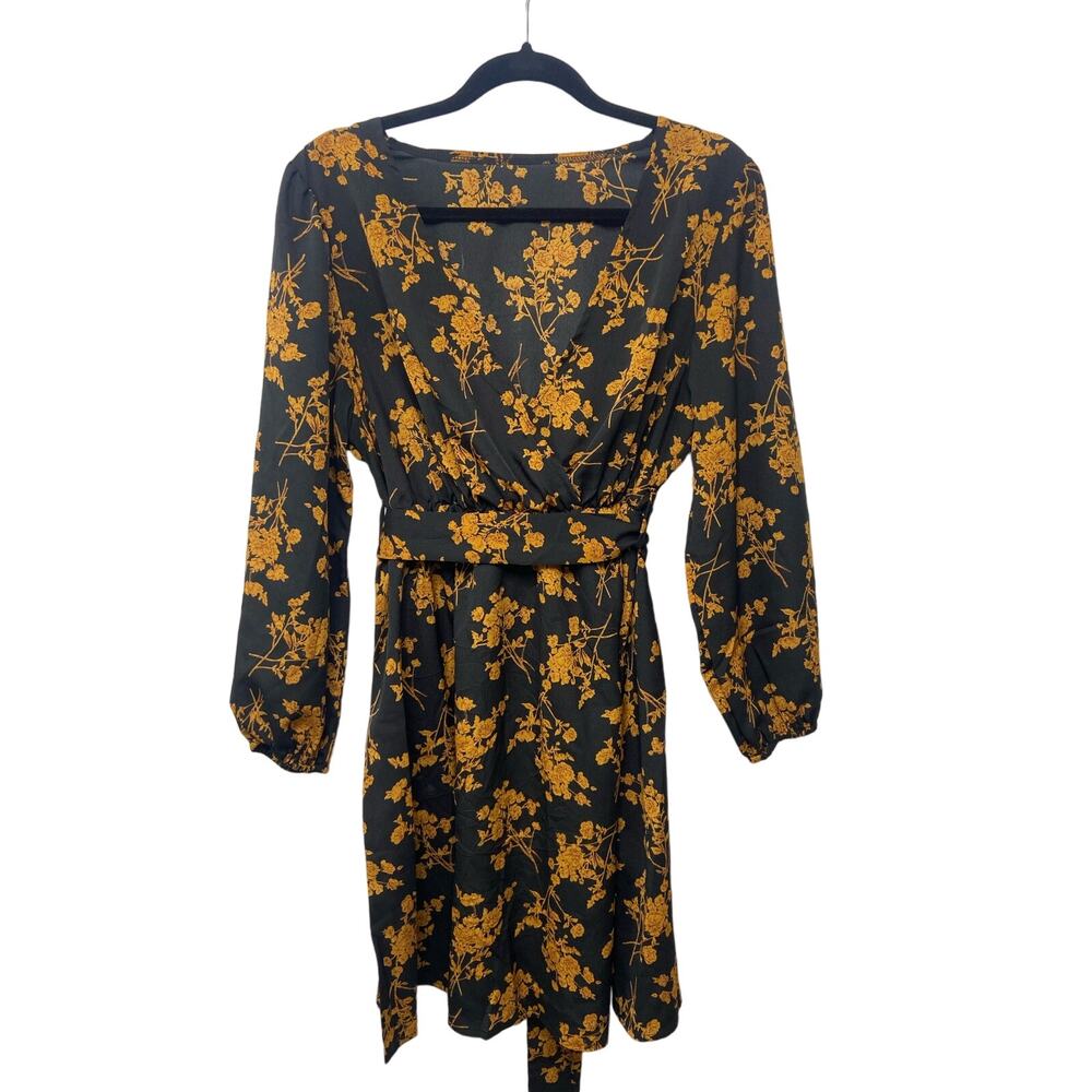 Women Floral Belted Mini Dress Long Sleeve Surplice V-Neck Black Yellow Size 0XL